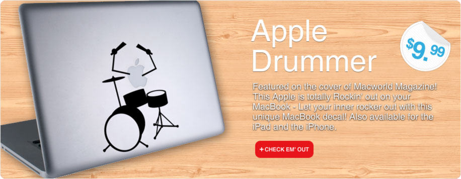 Apple Drummer - Featured on the cover of Macworld Magazine! This apple is totally Rockin' out on your MacBook - Let your inner rocker out with this unique MacBook decal! Also available for the iPad and the iPhone
